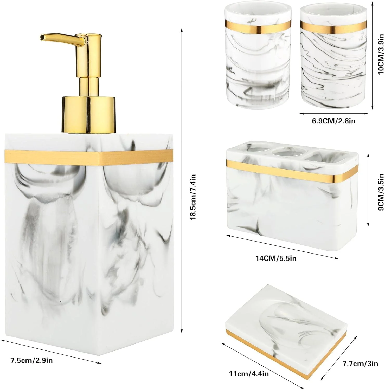 ست لوازم جانبی حمام 5 تکه USYUEGLV، جا مایع دستشویی مرمری، جا مسواک و خمیر دندان، جا صابونی و لیوان (سفید) ست لوازم جانبی حمام 5 تکه USYUEGLV، جا مایع دستشویی مرمری، جا مسواک و خمیر دندان، جا صابونی و لیوان (سفید)