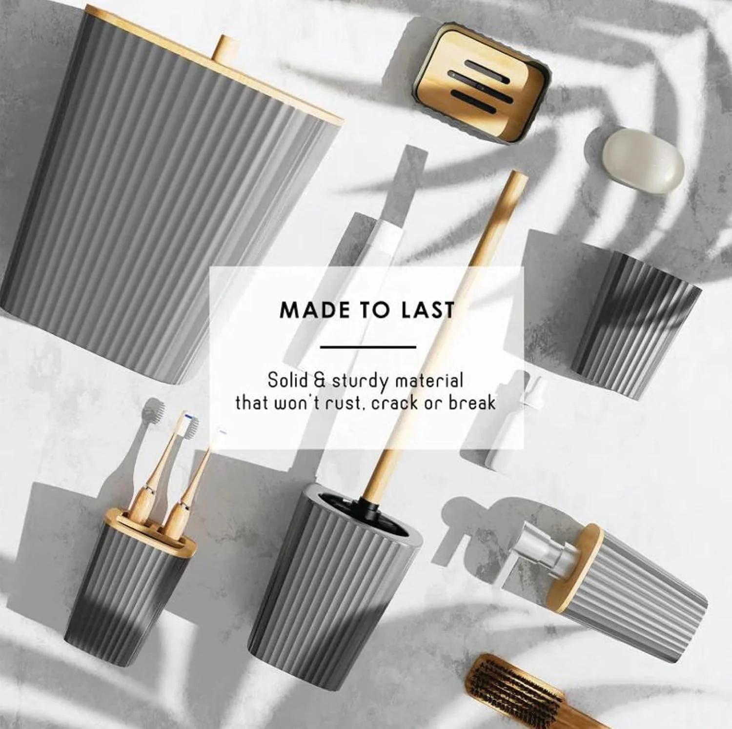 ست لوازم جانبی حمام VANTORIA، ۶ تکه، شامل برس توالت، جا مایع صابون، جا مسواکی، لیوان، جا صابونی، سطل زباله (خاکستری S) ست لوازم جانبی حمام VANTORIA، ۶ تکه، شامل برس توالت، جا مایع صابون، جا مسواکی، لیوان، جا صابونی، سطل زباله (خاکستری S)