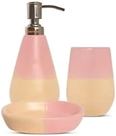 ست لوازم جانبی سرامیکی حمام Vreni برای کاربرد و دکور حمام | جا مایع دستشویی، جا صابونی، جا مسواکی دست ساز رنگ دوگانه صورتی/زرد | ست 3 عددی ست لوازم جانبی سرامیکی حمام Vreni برای کاربرد و دکور حمام | جا مایع دستشویی، جا صابونی، جا مسواکی دست ساز رنگ دوگانه صورتی/زرد | ست 3 عددی