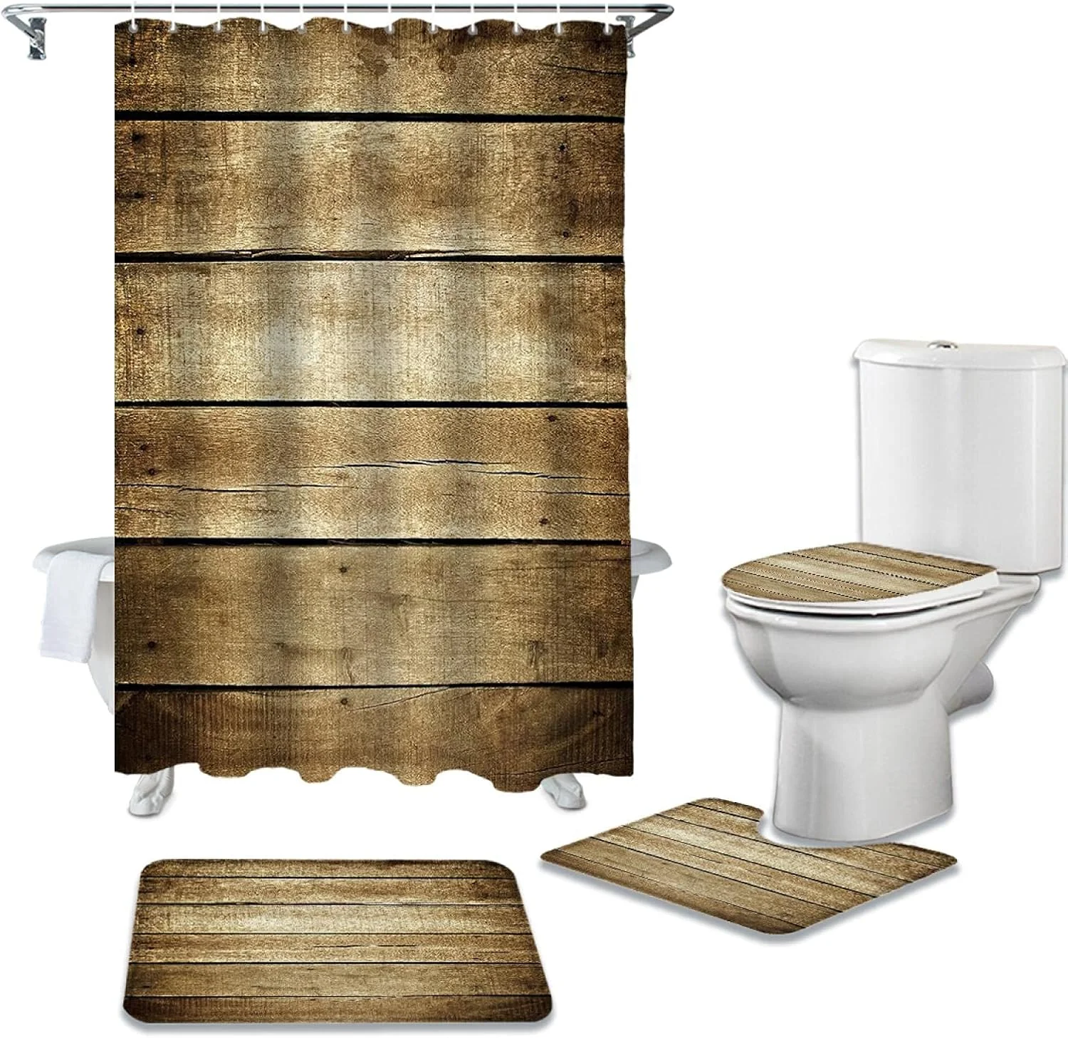 ست پرده حمام چوبی قهوه ای به سبک قدیمی، ضد آب، فرش حمام، روکش صندلی توالت، پد و زیرانداز ست پرده حمام چوبی قهوه ای به سبک قدیمی، ضد آب، فرش حمام، روکش صندلی توالت، پد و زیرانداز