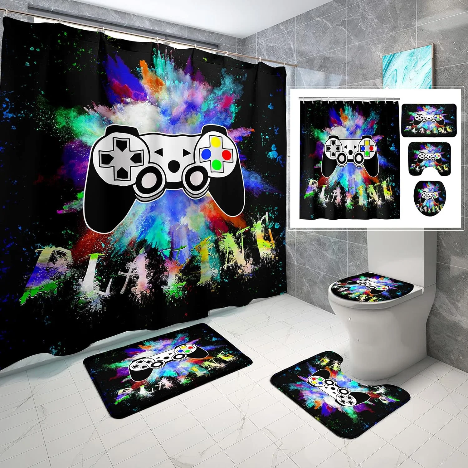 پرده حمام طرح بازی ویدیویی به همراه 12 عدد حلقه آویز، مناسب برای حمام پسرانه، به همراه فرش و پادری، ضد آب، ابعاد 178x178 سانتی متر