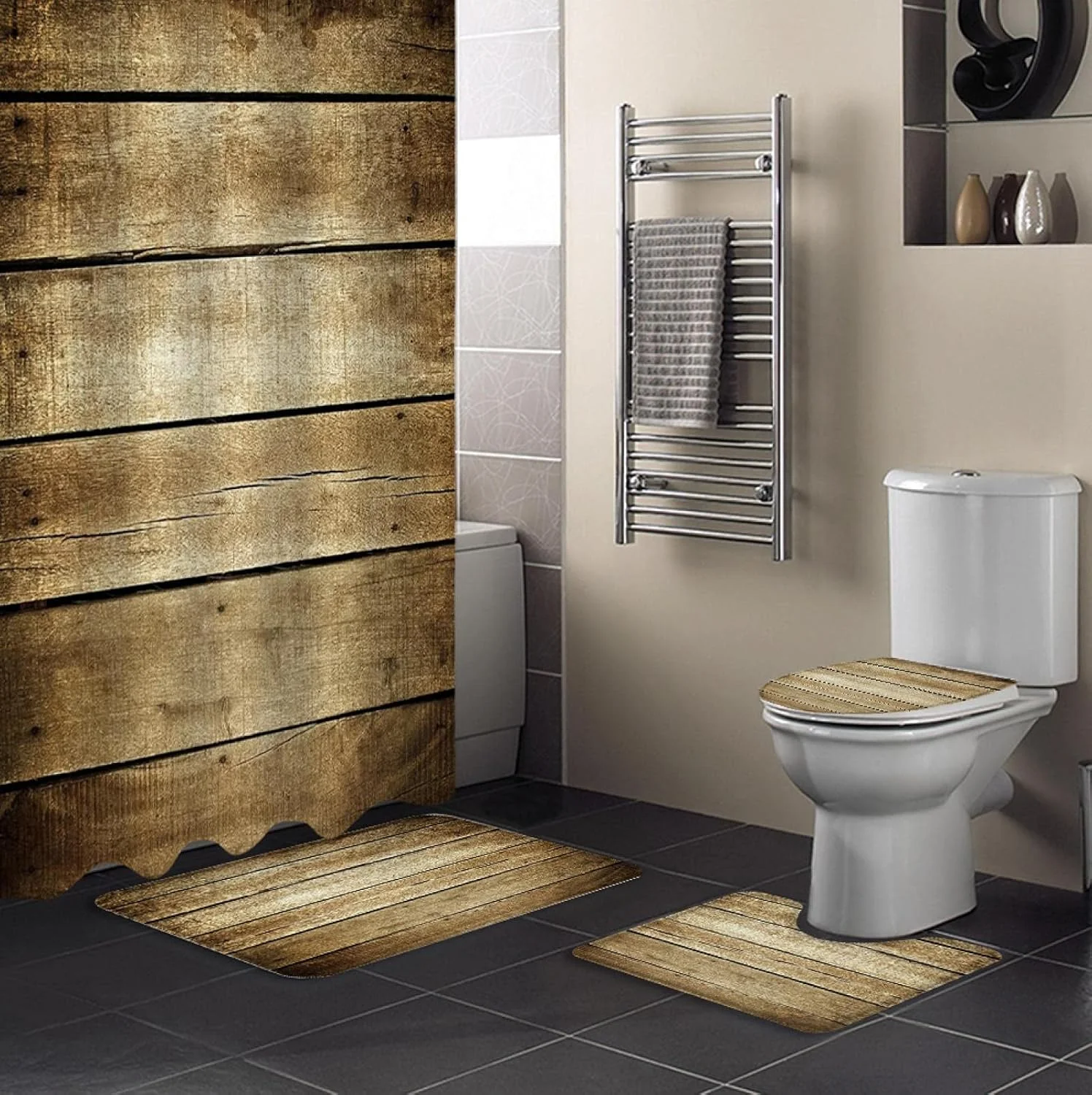 ست پرده حمام چوبی قهوه ای به سبک وینتیج، فرش حمام، روکش صندلی توالت، پد و زیرانداز بادوام و ضد آب ست پرده حمام چوبی قهوه ای به سبک وینتیج، فرش حمام، روکش صندلی توالت، پد و زیرانداز بادوام و ضد آب