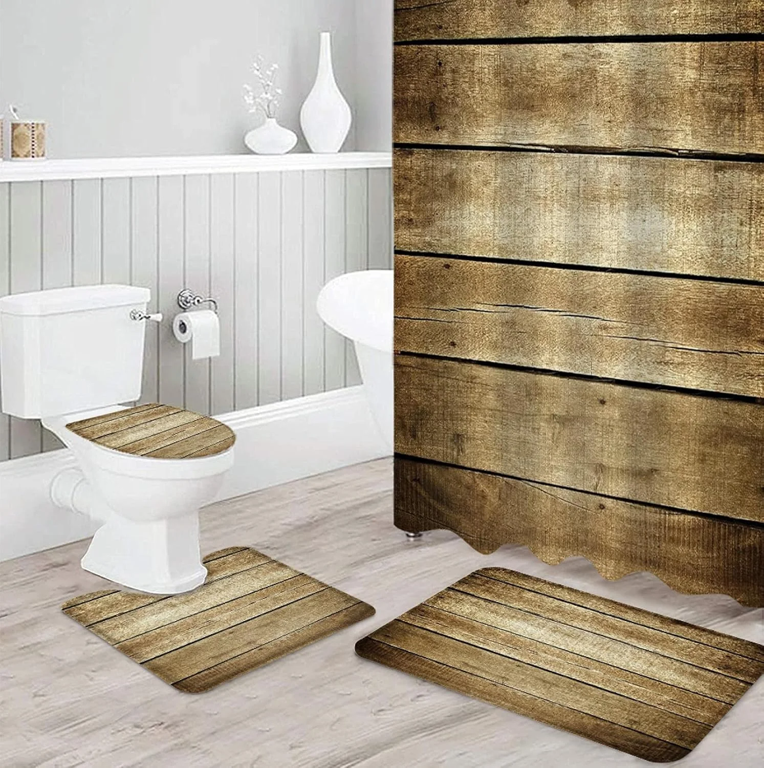 ست پرده حمام چوبی قهوه ای به سبک وینتیج، فرش حمام، روکش صندلی توالت، پد و زیرانداز بادوام و ضد آب ست پرده حمام چوبی قهوه ای به سبک وینتیج، فرش حمام، روکش صندلی توالت، پد و زیرانداز بادوام و ضد آب