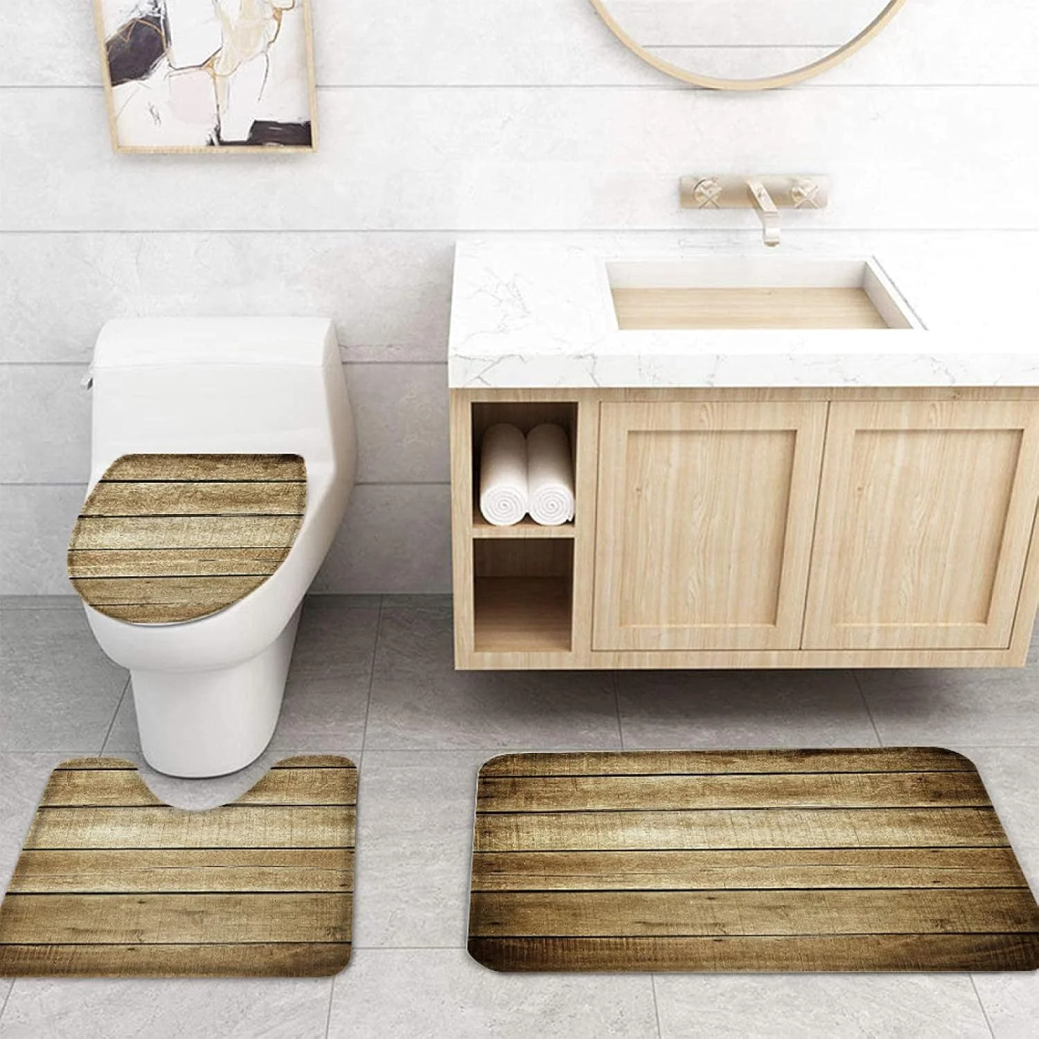 ست پرده حمام چوبی قهوه ای به سبک وینتیج، فرش حمام، روکش صندلی توالت، پد و زیرانداز بادوام و ضد آب ست پرده حمام چوبی قهوه ای به سبک وینتیج، فرش حمام، روکش صندلی توالت، پد و زیرانداز بادوام و ضد آب