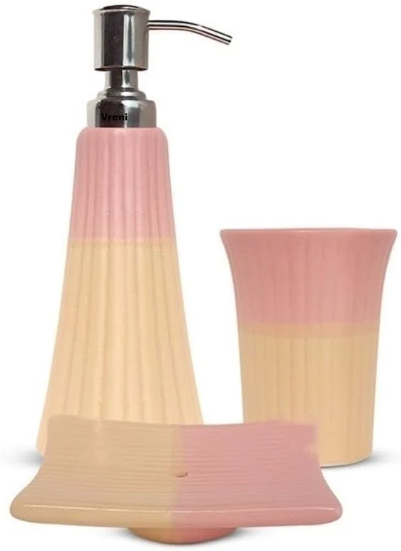 ست لوازم جانبی سرامیکی حمام ورنی برای کاربرد و دکور حمام | جا مایع صابون، جا صابونی، جا مسواکی دست ساز دو رنگ صورتی/زرد ست 3 تکه ست لوازم جانبی سرامیکی حمام ورنی برای کاربرد و دکور حمام | جا مایع صابون، جا صابونی، جا مسواکی دست ساز دو رنگ صورتی/زرد ست 3 تکه