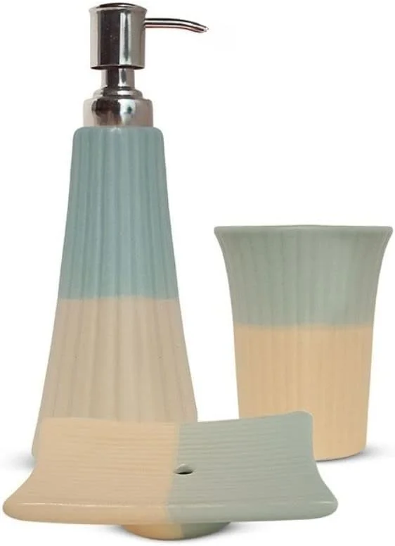 ست لوازم جانبی سرامیکی حمام Vreni برای کاربرد و دکور حمام | جا مایع صابون، جا صابونی، جا مسواکی دست ساز دو رنگ خاکستری/زرد ست 3 تکه ست لوازم جانبی سرامیکی حمام Vreni برای کاربرد و دکور حمام | جا مایع صابون، جا صابونی، جا مسواکی دست ساز دو رنگ خاکستری/زرد ست 3 تکه