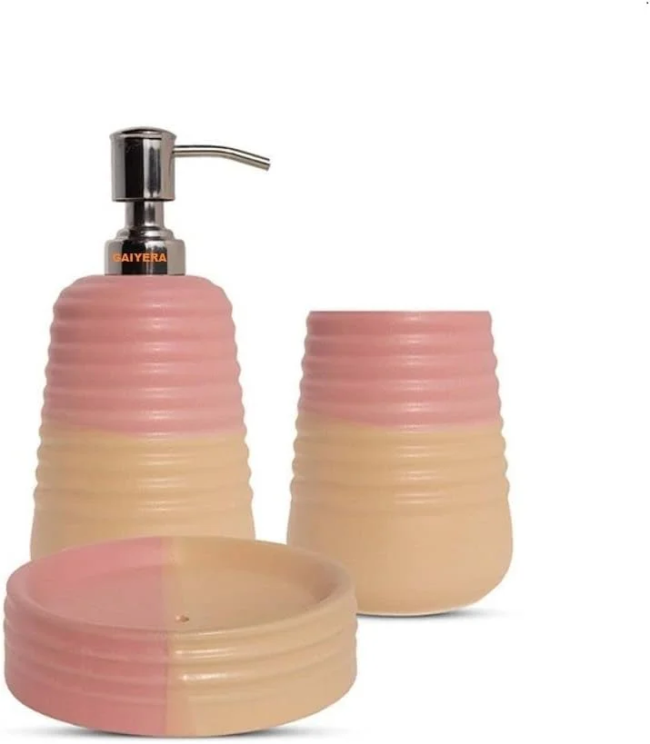 ست لوازم جانبی سرامیکی حمام Vreni برای کاربرد و دکور حمام | جا مایع صابون، جا صابونی، جا مسواکی دو رنگ صورتی/سفید، ست 3 تکه
