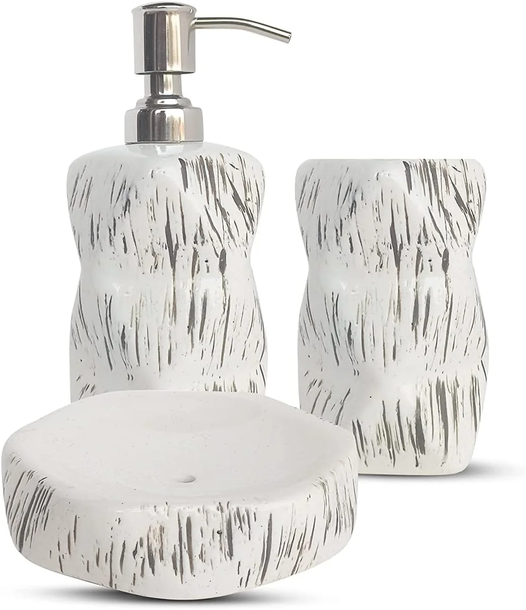 ست لوازم جانبی سرامیکی حمام Vreni برای کاربرد و دکور حمام | جا مایع دستشویی، جا صابونی، جا مسواکی دست ساز سفید سلطنتی طرح سنگ مرمر سه تکه ست لوازم جانبی سرامیکی حمام Vreni برای کاربرد و دکور حمام | جا مایع دستشویی، جا صابونی، جا مسواکی دست ساز سفید سلطنتی طرح سنگ مرمر سه تکه
