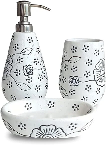 ست لوازم جانبی سرامیکی حمام Vreni برای کاربرد و دکور حمام | جا مایع صابون، جا صابونی، جا مسواکی دست ساز شیک/ظریف سفید