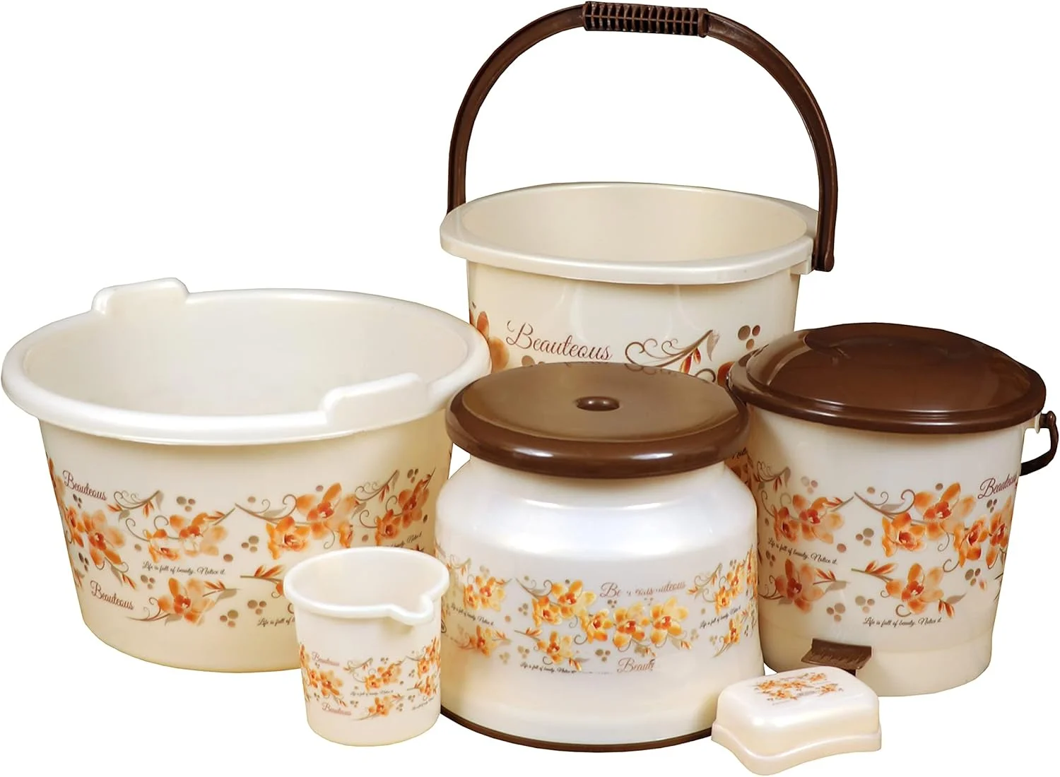 ست ۶ تکه لوازم حمام طرح گل، شامل سطل، لگن، لیوان ۱ لیتری، چهارپایه، سطل زباله و جا صابونی (قهوه ای)