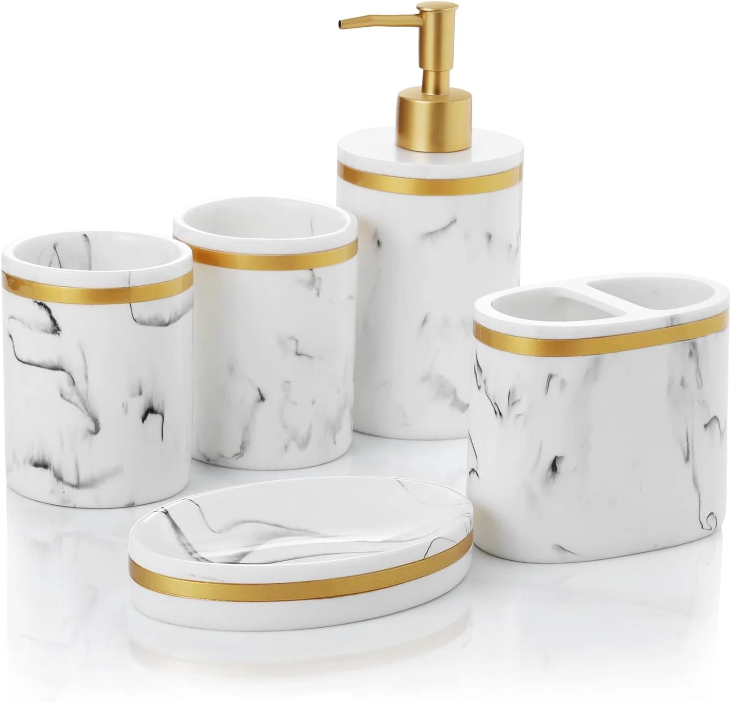 ست لوازم جانبی حمام، ست های حمام با طرح مرمر شامل جا مایع صابون، جا مسواکی، دو عدد لیوان و جا صابونی برای دکوراسیون مدرن حمام ست لوازم جانبی حمام، ست های حمام با طرح مرمر شامل جا مایع صابون، جا مسواکی، دو عدد لیوان و جا صابونی برای دکوراسیون مدرن حمام
