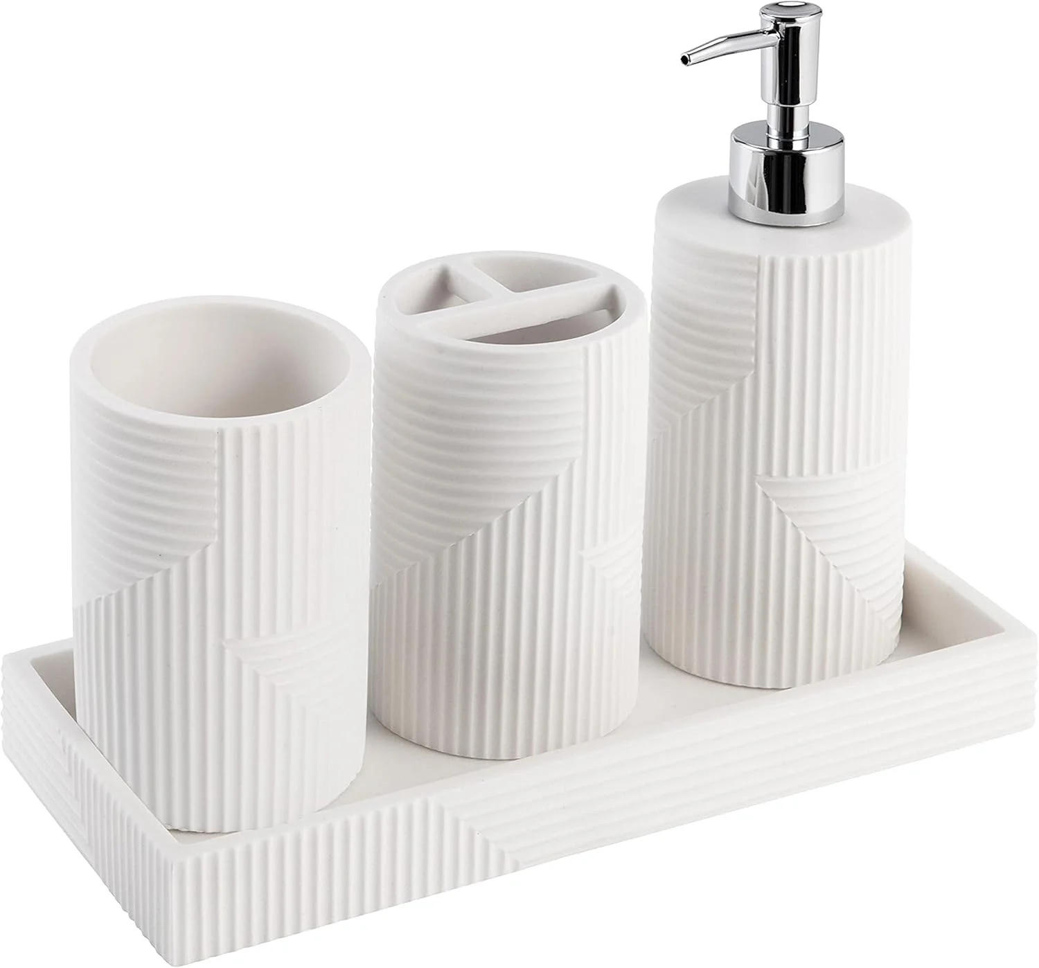 ست لوازم جانبی حمام 4 تکه سفید Kralix، ست مدرن جا مایع دستشویی، ست جا مسواکی، لیوان و سینی روشویی، بافت روستیک ست لوازم جانبی حمام 4 تکه سفید Kralix، ست مدرن جا مایع دستشویی، ست جا مسواکی، لیوان و سینی روشویی، بافت روستیک