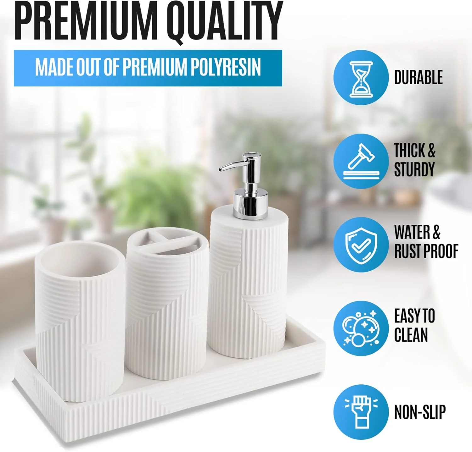 ست لوازم جانبی حمام 4 تکه سفید Kralix، ست مدرن جا مایع دستشویی، جا مسواکی، لیوان و سینی، با پرداخت روستیک