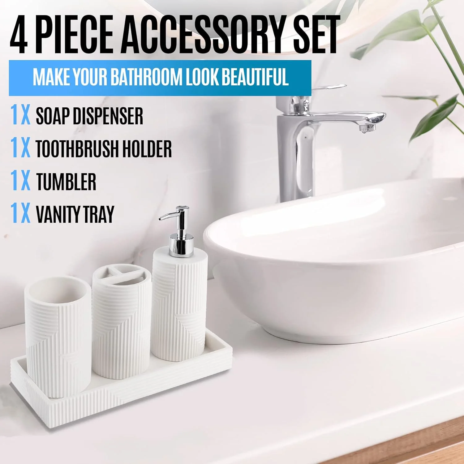 ست لوازم جانبی حمام 4 تکه سفید Kralix، ست مدرن جا مایع دستشویی، جا مسواکی، لیوان و سینی، با پرداخت روستیک