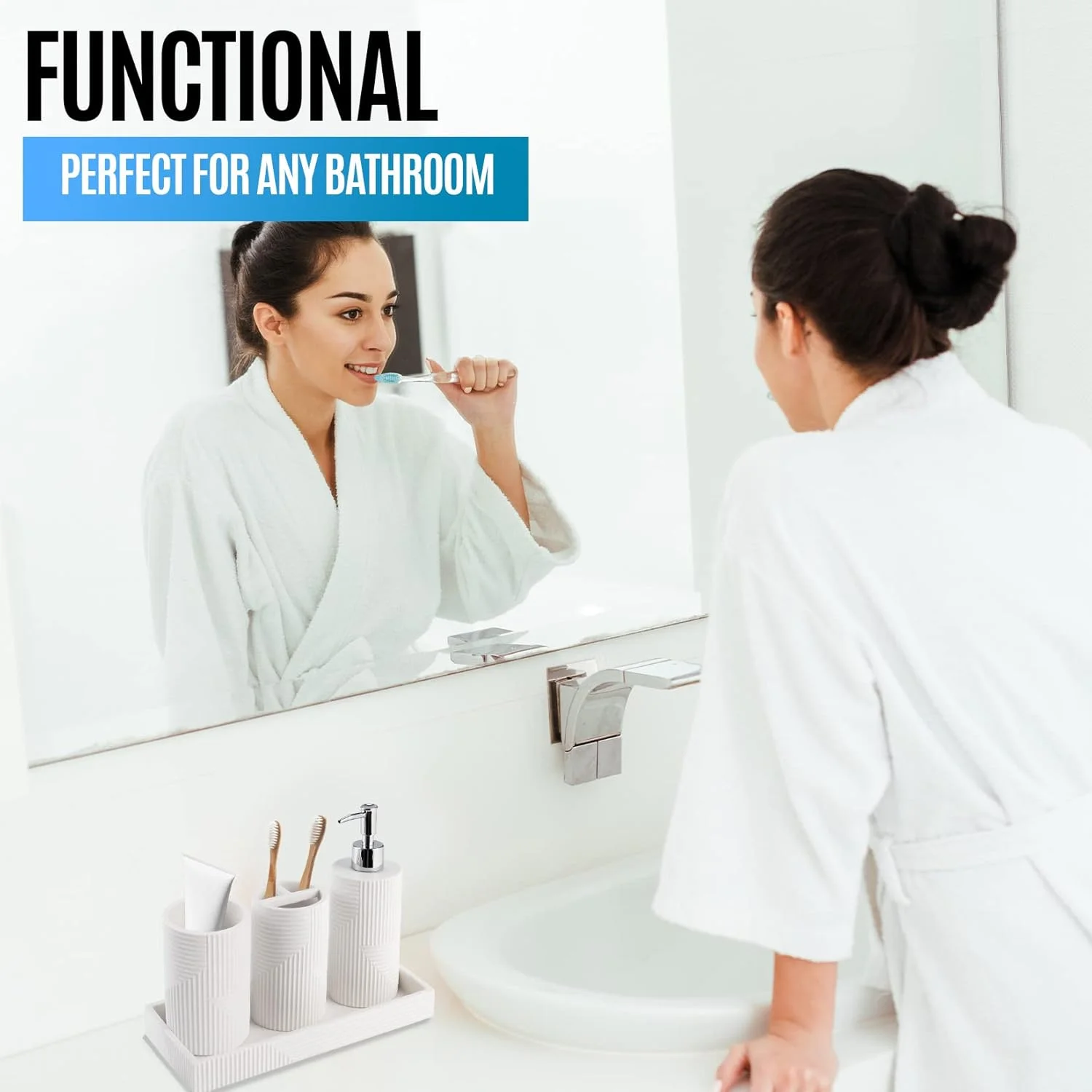 ست لوازم جانبی حمام 4 تکه سفید Kralix، ست مدرن جا مایع دستشویی، جا مسواکی، لیوان و سینی، با پرداخت روستیک