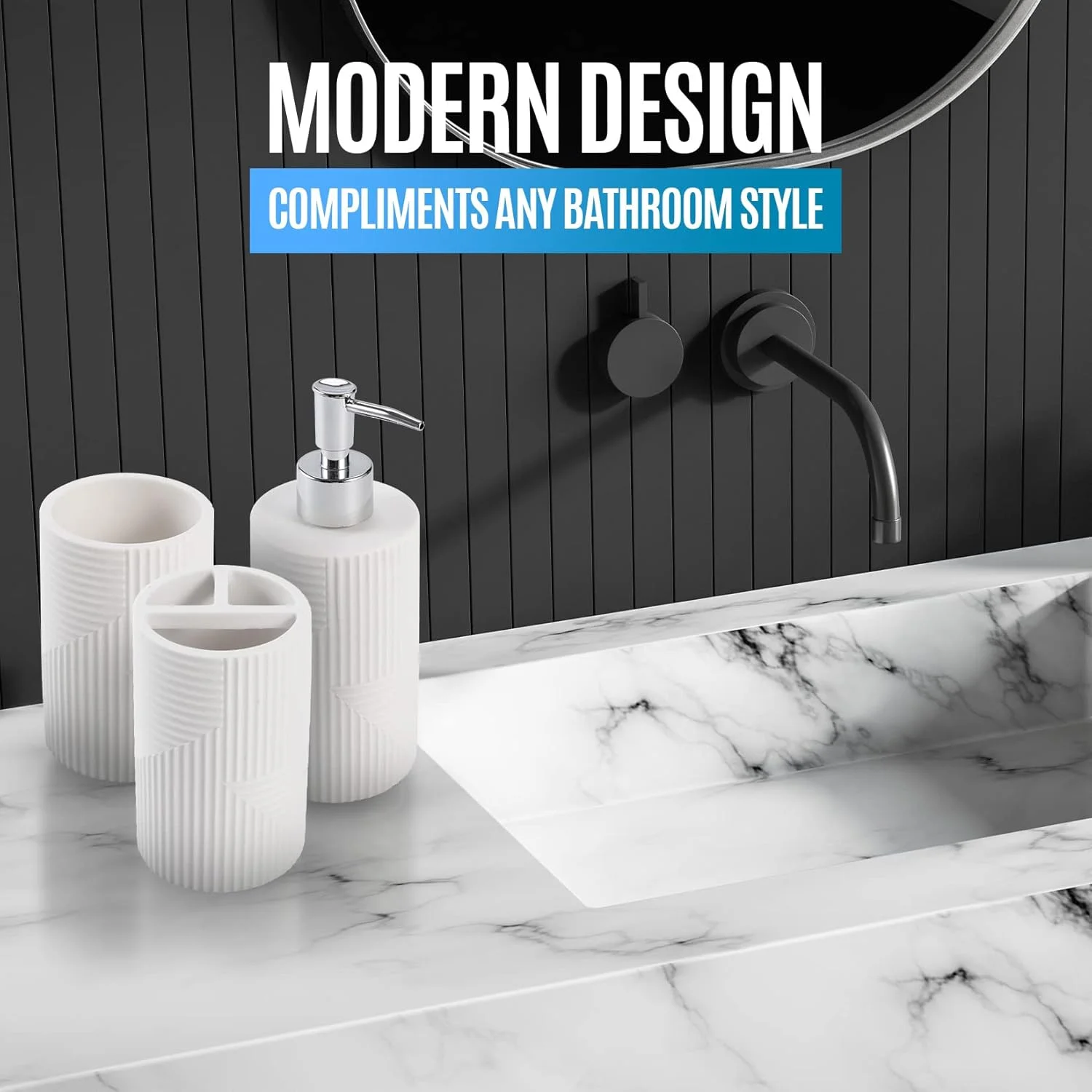 ست لوازم جانبی حمام 4 تکه سفید Kralix، ست مدرن جا مایع دستشویی، جا مسواکی، لیوان و سینی، با پرداخت روستیک