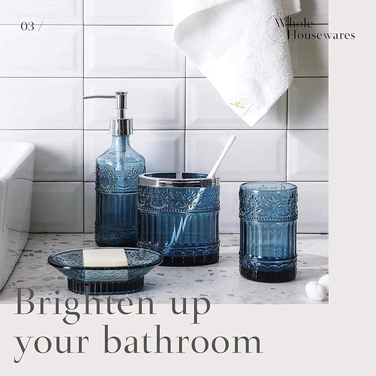 ست لوازم جانبی حمام هول هاوس ورز | ست لوازم جانبی حمام 4 تکه | جا مایع صابون، سینی، شیشه، جا مسواکی | موزاییک ظریف (آبی) ست لوازم جانبی حمام هول هاوس ورز | ست لوازم جانبی حمام 4 تکه | جا مایع صابون، سینی، شیشه، جا مسواکی | موزاییک ظریف (آبی)