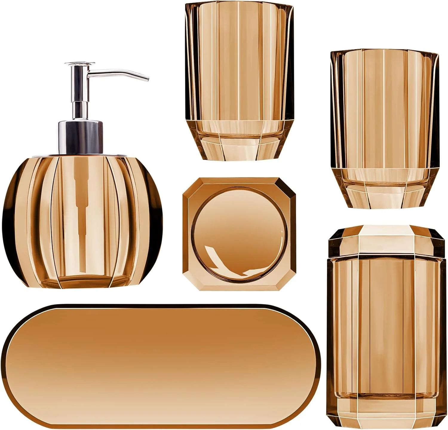 ست لوازم جانبی حمام شیشه ای کریستالی لوکس تزیینی Woration، شامل 6 تکه: جای مایع دستشویی، لیوان شیشه ای پنبه، جا صابونی میز آرایش، نگهدارنده میز آرایش، کهربایی ست لوازم جانبی حمام شیشه ای کریستالی لوکس تزیینی Woration، شامل 6 تکه: جای مایع دستشویی، لیوان شیشه ای پنبه، جا صابونی میز آرایش، نگهدارنده میز آرایش، کهربایی