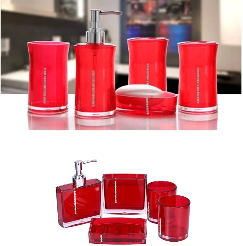 ست لوازم جانبی حمام، 5 تکه لوازم جانبی حمام اکریلیک شامل جا مایع، جا مسواکی، جا صابونی و دو عدد لیوان، مناسب برای خانه، حمام و هتل، قرمز ست لوازم جانبی حمام، 5 تکه لوازم جانبی حمام اکریلیک شامل جا مایع، جا مسواکی، جا صابونی و دو عدد لیوان، مناسب برای خانه، حمام و هتل، قرمز