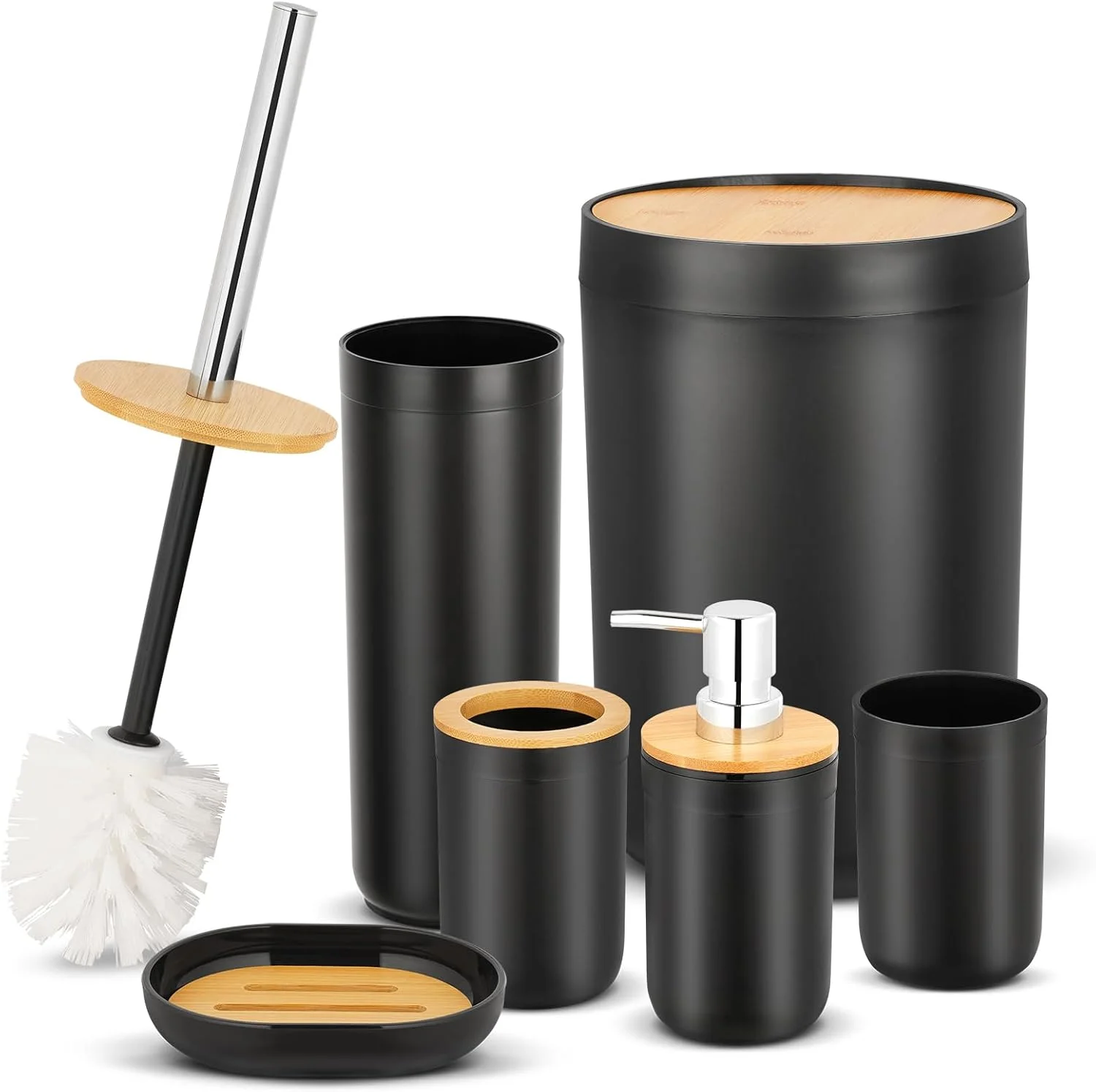 ست لوازم جانبی حمام، ست 6 تکه پلاستیکی شامل سطل زباله، جا مسواکی، لیوان پلاستیکی، جا صابونی، جا لوسیون، برس توالت و جا برس توالت ست لوازم جانبی حمام، ست 6 تکه پلاستیکی شامل سطل زباله، جا مسواکی، لیوان پلاستیکی، جا صابونی، جا لوسیون، برس توالت و جا برس توالت