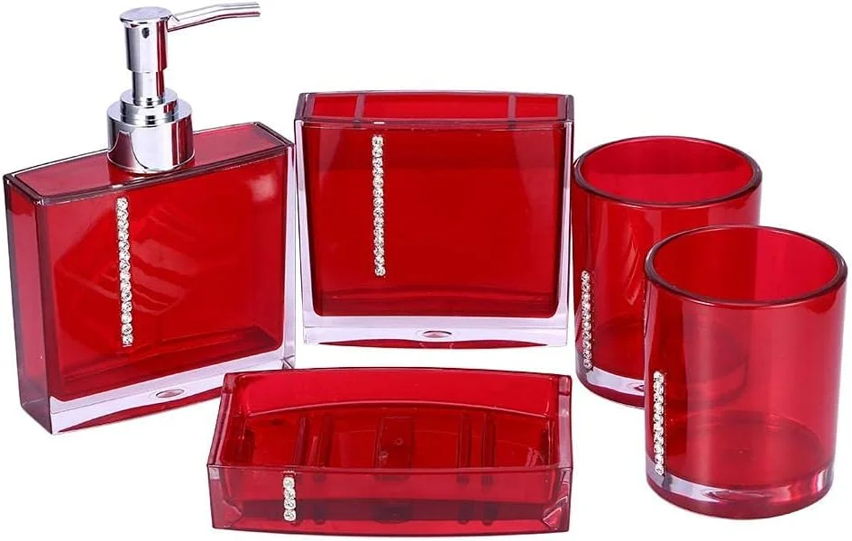 ست لوازم جانبی حمام XBAILAZ، ست 5 تکه ای لوازم جانبی حمام اکریلیک شامل جا مایع، جا مسواکی، جا صابونی و دو عدد لیوان، مناسب برای منزل، حمام و هتل، قرمز ست لوازم جانبی حمام XBAILAZ، ست 5 تکه ای لوازم جانبی حمام اکریلیک شامل جا مایع، جا مسواکی، جا صابونی و دو عدد لیوان، مناسب برای منزل، حمام و هتل، قرمز