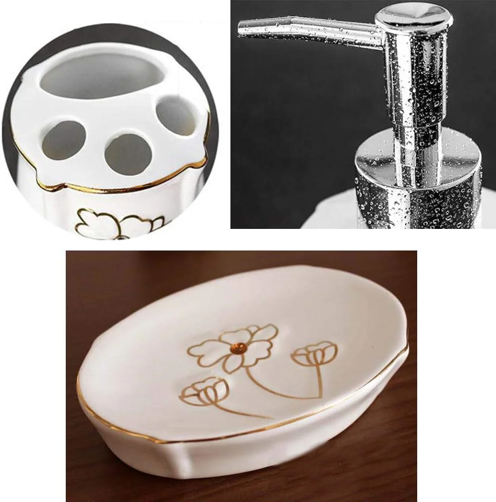 ست لوازم جانبی سرامیکی حمام 5 تکه طرح گلدار با نوار طلایی شامل جا مایع لوسیون، جا مسواکی، 2 عدد لیوان و جا صابونی ست لوازم جانبی سرامیکی حمام 5 تکه طرح گلدار با نوار طلایی شامل جا مایع لوسیون، جا مسواکی، 2 عدد لیوان و جا صابونی