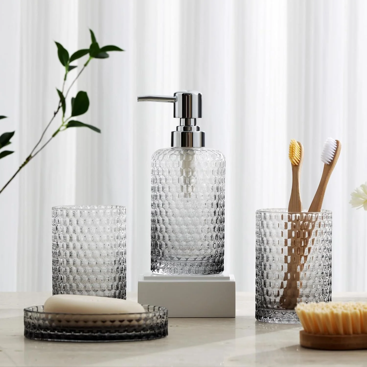 ست لوازم جانبی حمام WUUAHOME، ست حمام شیشه ای شفاف 4 تکه، جا مایع دستشویی، جا مسواکی، لیوان، جای صابون برای سازمان دهنده های دکور حمام مدرن و سینک رومیزی (خاکستری) ست لوازم جانبی حمام WUUAHOME، ست حمام شیشه ای شفاف 4 تکه، جا مایع دستشویی، جا مسواکی، لیوان، جای صابون برای سازمان دهنده های دکور حمام مدرن و سینک رومیزی (خاکستری)