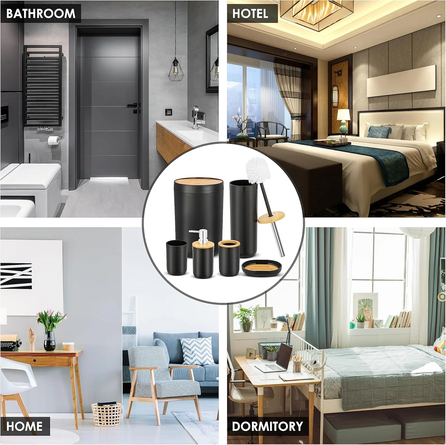 ست لوازم جانبی حمام، ست 6 تکه پلاستیکی شامل سطل زباله، جا مسواکی، لیوان پلاستیکی، جا صابونی، جا لوسیون، برس توالت و جا برس توالت ست لوازم جانبی حمام، ست 6 تکه پلاستیکی شامل سطل زباله، جا مسواکی، لیوان پلاستیکی، جا صابونی، جا لوسیون، برس توالت و جا برس توالت