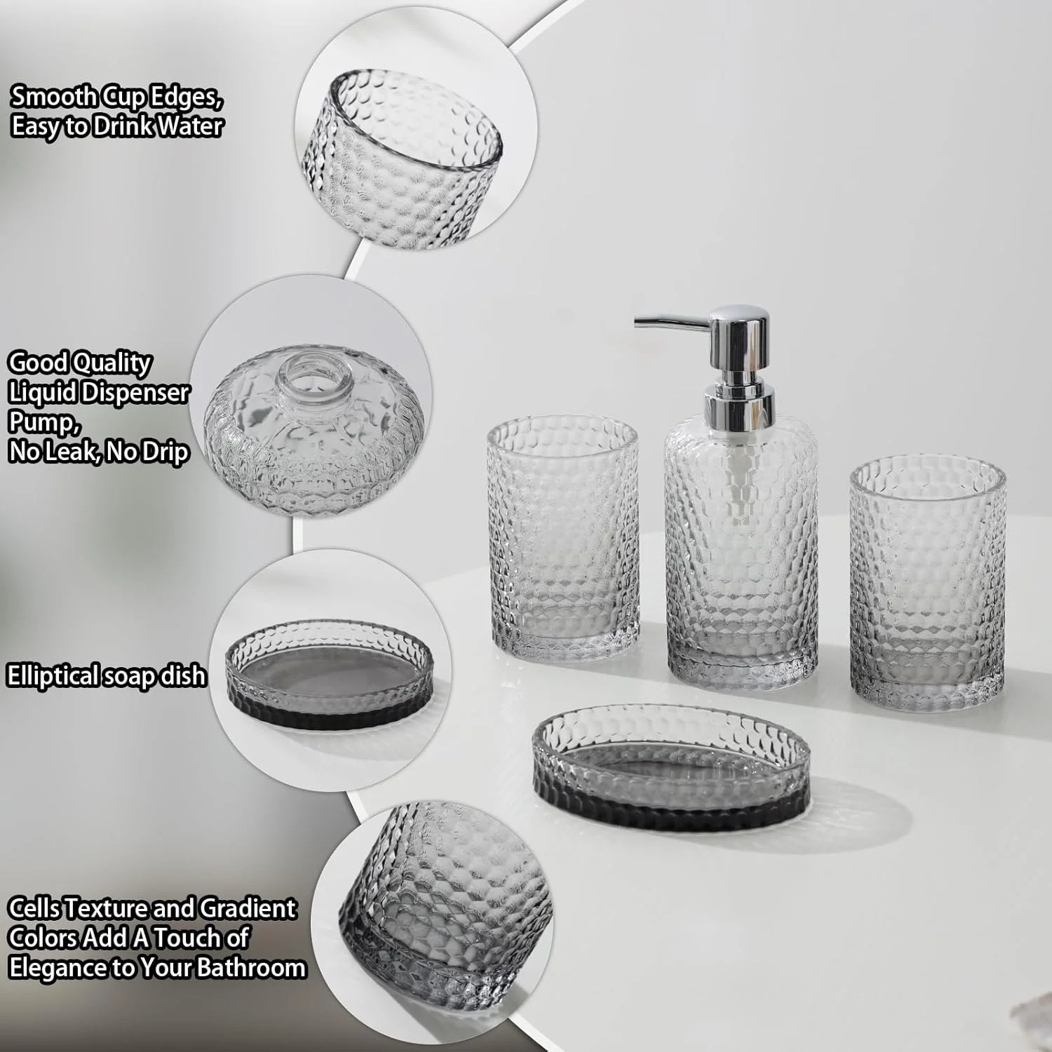 ست لوازم جانبی حمام WUUAHOME، ست حمام شیشه ای شفاف 4 تکه، جا مایع دستشویی، جا مسواکی، لیوان، جای صابون برای سازمان دهنده های دکور حمام مدرن و سینک رومیزی (خاکستری) ست لوازم جانبی حمام WUUAHOME، ست حمام شیشه ای شفاف 4 تکه، جا مایع دستشویی، جا مسواکی، لیوان، جای صابون برای سازمان دهنده های دکور حمام مدرن و سینک رومیزی (خاکستری)