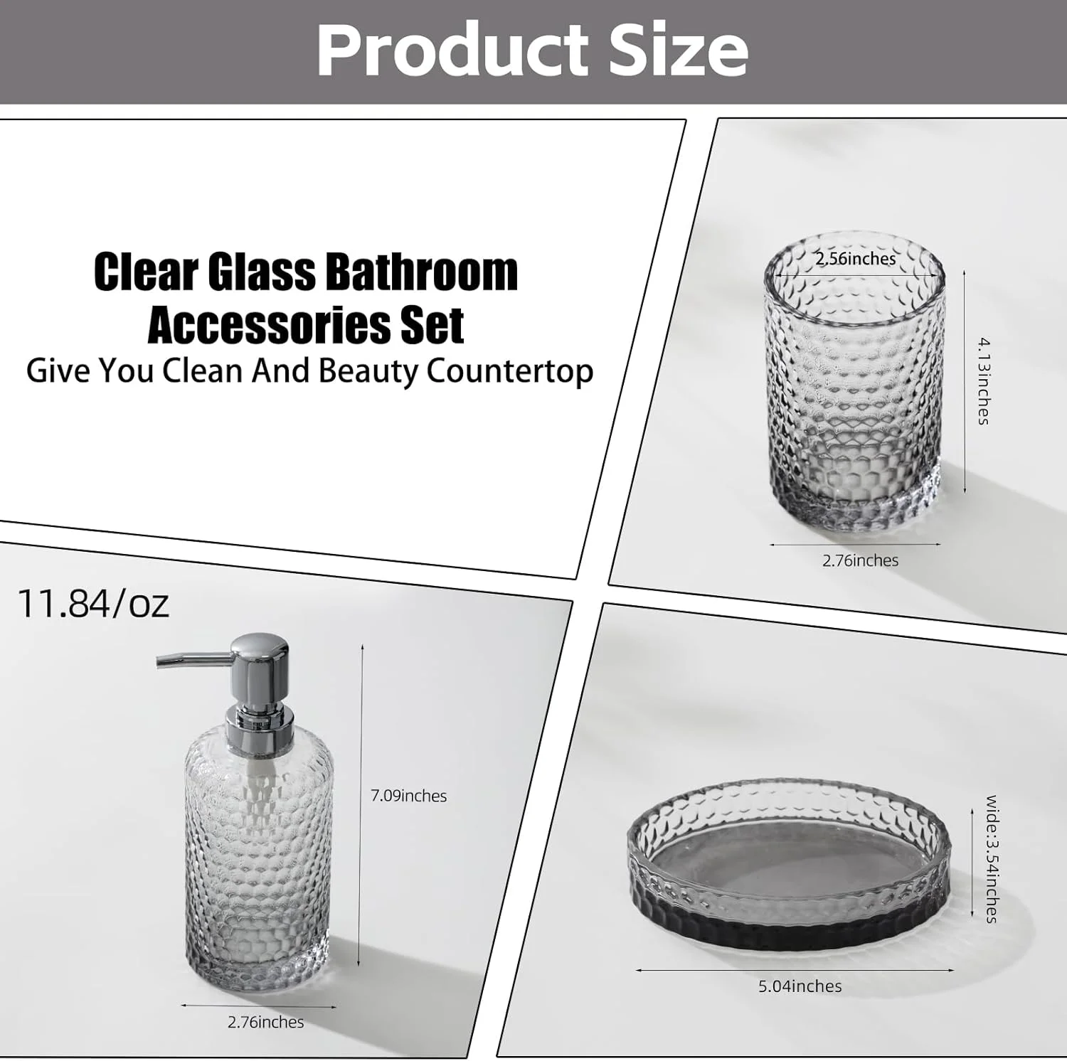 ست لوازم جانبی حمام WUUAHOME، ست حمام شیشه ای شفاف 4 تکه، جا مایع دستشویی، جا مسواکی، لیوان، جای صابون برای سازمان دهنده های دکور حمام مدرن و سینک رومیزی (خاکستری) ست لوازم جانبی حمام WUUAHOME، ست حمام شیشه ای شفاف 4 تکه، جا مایع دستشویی، جا مسواکی، لیوان، جای صابون برای سازمان دهنده های دکور حمام مدرن و سینک رومیزی (خاکستری)