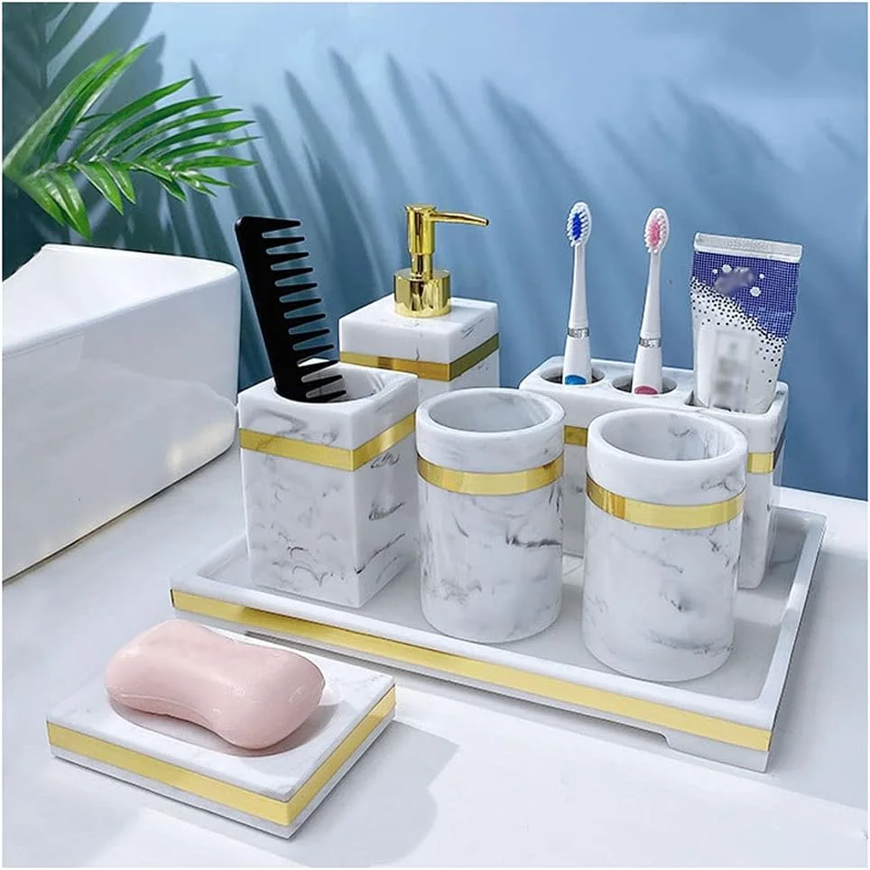 ست لوازم جانبی حمام 7 تکه XIANGGUI 1983 - شامل جا مایع صابون، جا مسواکی، لیوان، جا صابونی، جا پنبه و سینی، بطری های رزین طرح سنگ مرمر (رنگ: سفید)