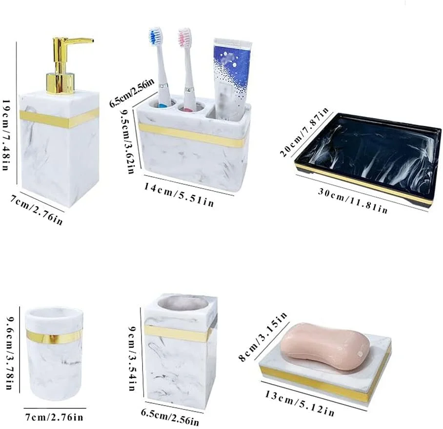 ست لوازم جانبی حمام 7 تکه - جا مایع صابون، جا مسواکی، لیوان، جا صابونی، جا پنبه و سینی، بطری های رزینی طرح سنگ مرمر (رنگ: سفید)