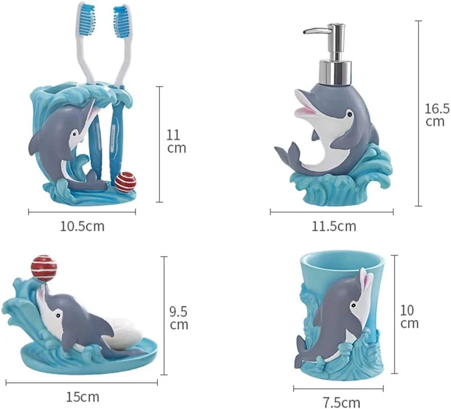 ست لوازم جانبی حمام خانگی خلاقانه دلفین XDQFY - ست 5 تکه لوازم جانبی حمام - 1 پمپ لوسیون، 1 جا مسواکی، 1 جا صابونی و 2 لیوان