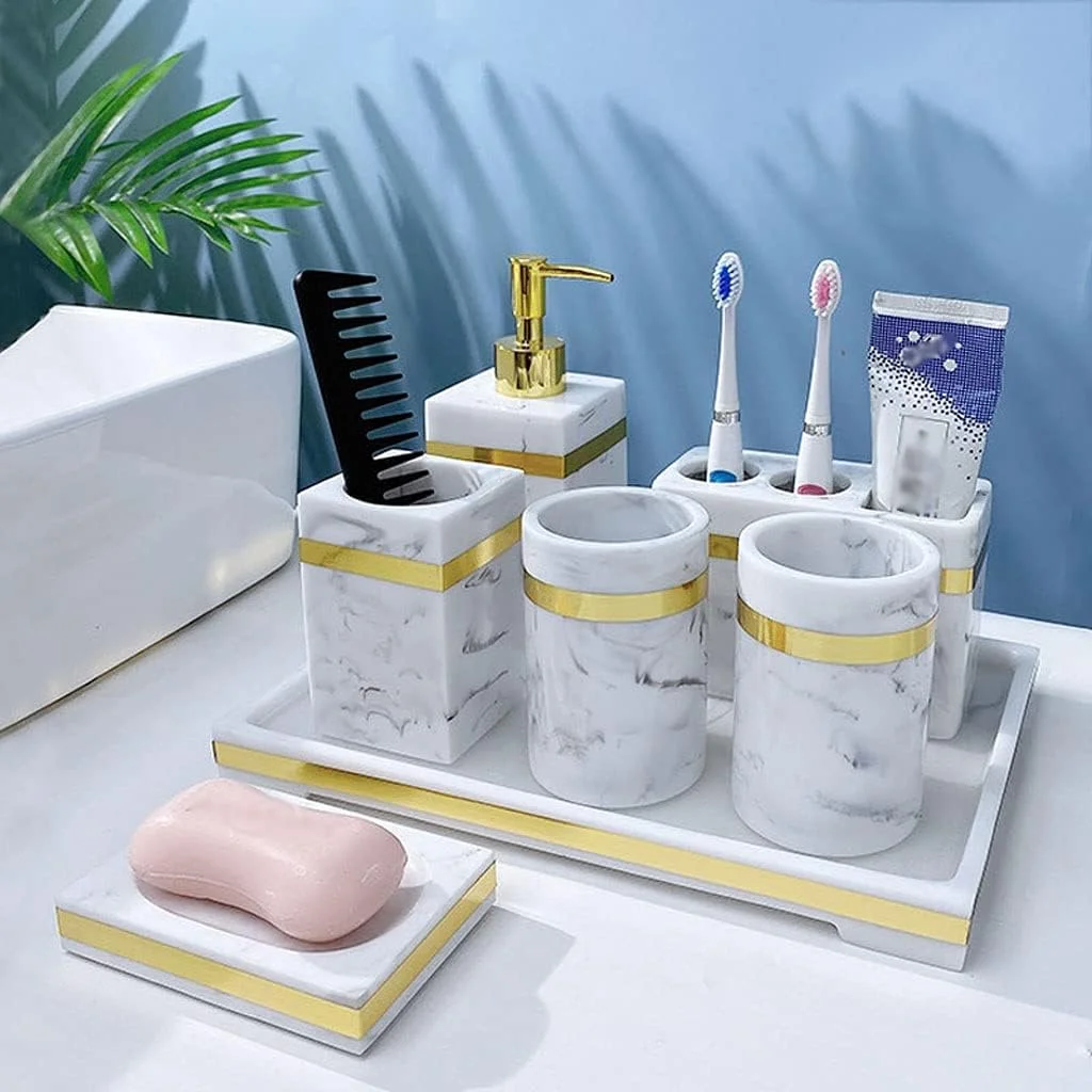 ست لوازم جانبی حمام 7 تکه - جا مایع صابون، جا مسواکی، لیوان، جا صابونی، جا پنبه و سینی، بطری های رزینی طرح سنگ مرمر (رنگ: سفید)