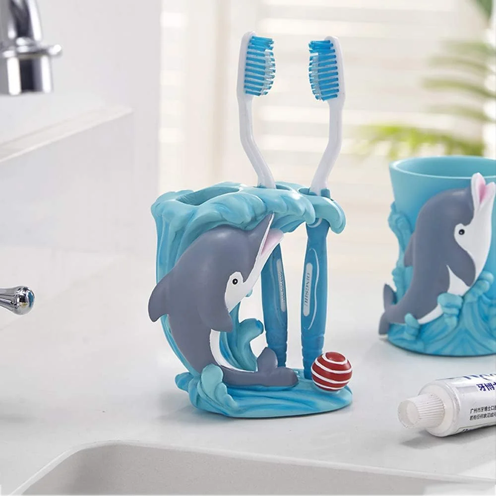 ست لوازم جانبی حمام خانگی خلاقانه دلفین XDQFY - ست 5 تکه لوازم جانبی حمام - 1 پمپ لوسیون، 1 جا مسواکی، 1 جا صابونی و 2 لیوان