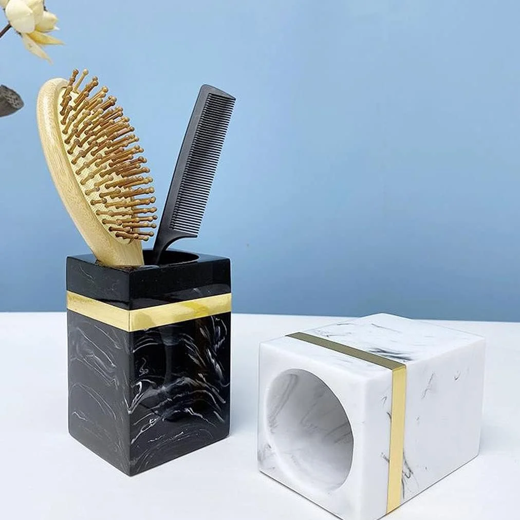 ست لوازم جانبی حمام 7 تکه XIANGGUI 1983 - شامل جا مایع صابون، جا مسواکی، لیوان، جا صابونی، جا پنبه و سینی، بطری های رزین طرح سنگ مرمر (رنگ: سفید)