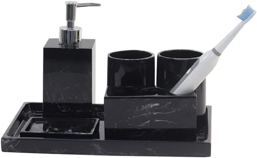 ست لوازم جانبی حمام XIAOSAKU - ست 6 تکه رومیزی حمام مناسب هتل، سرویس بهداشتی شامل جای مایع دستشویی، جا مسواکی، لیوان، جا صابونی و سینی رزینی طرح سنگ مرمر مشکی