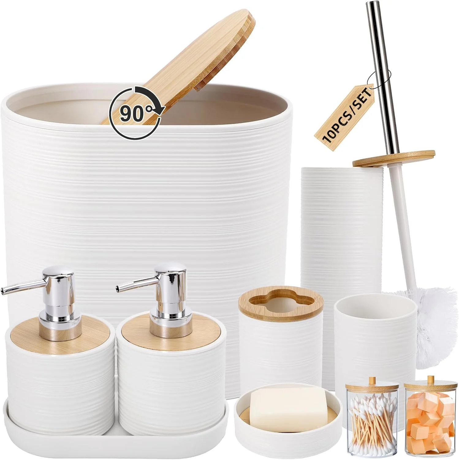 ست لوازم حمام سفید XLHOMO، ست لوازم جانبی حمام سفید با سطل زباله، 2 عدد جا مایع صابون، جا صابونی، جا مسواکی، لیوان مسواک، برس توالت، سینی و جا پنبه ای برای دکور حمام