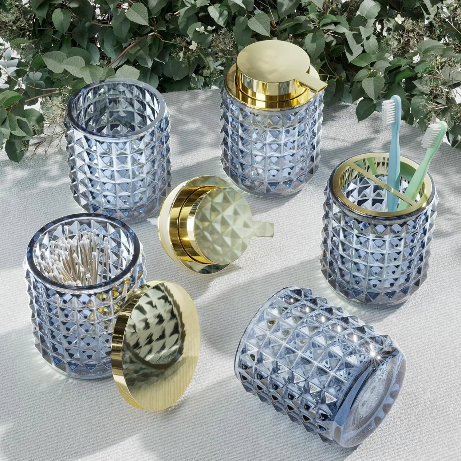 ست لوازم جانبی حمام آبی، ست لوازم حمام شیشه ای، ست لوازم جانبی حمام آبی سرمه ای، ست حمام، جا مایع ظرفشویی الماسی و جا مسواکی برای دکور حمام