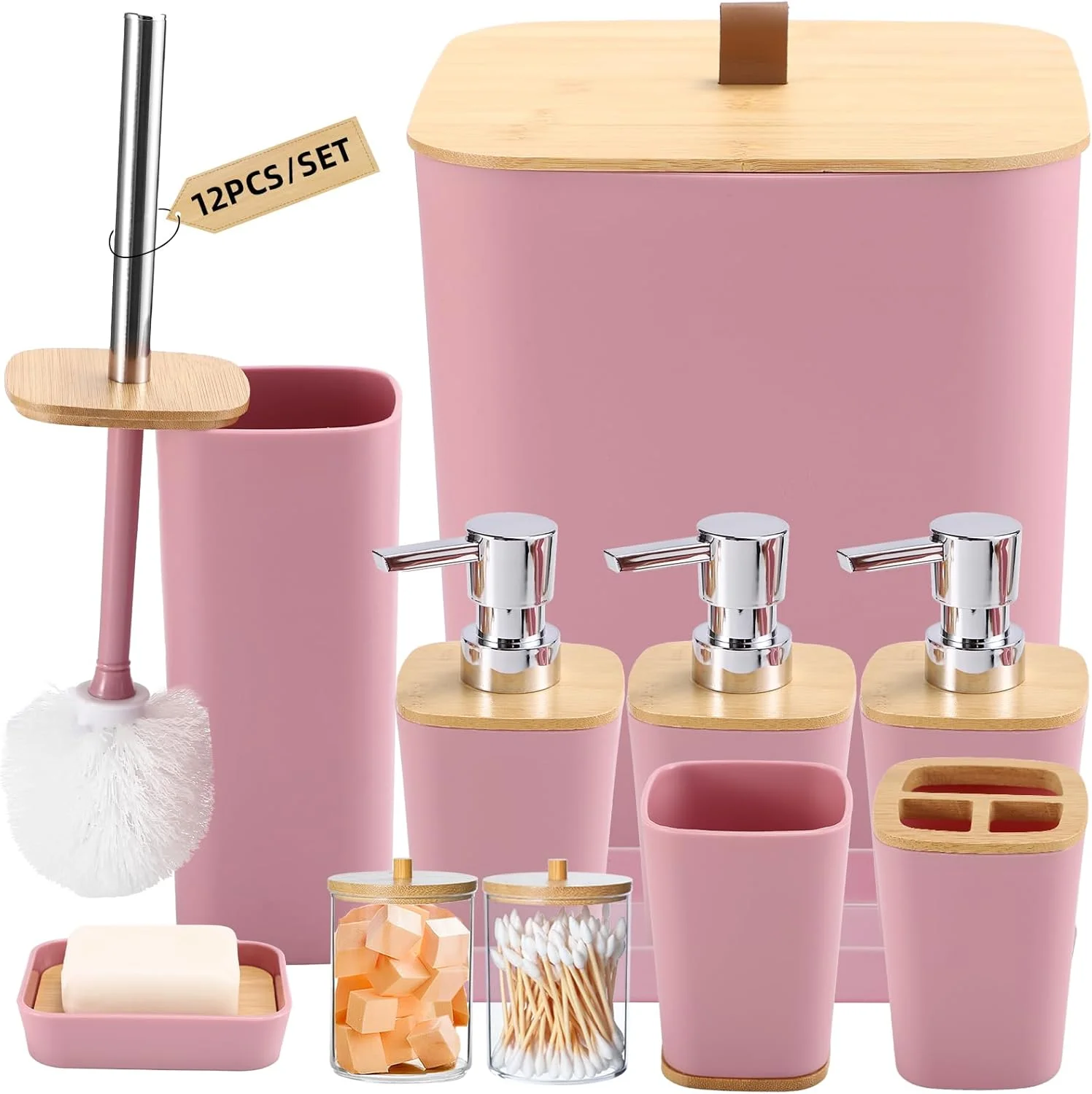 ست لوازم جانبی حمام صورتی 12 تکه شامل سطل زباله حمام، 3 عدد جا مایع صابون، جا مسواکی و لیوان برای دکور حمام