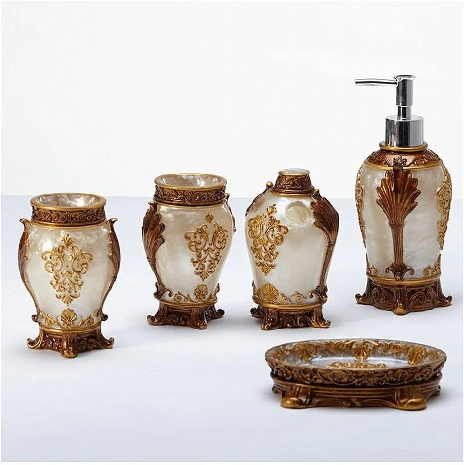 ست لوازم جانبی حمام با روکش فلزی عتیقه و طرح برجسته 5 تکه - جا مایع صابون، جا مسواکی، جا صابونی و لیوان، بطری های رزینی