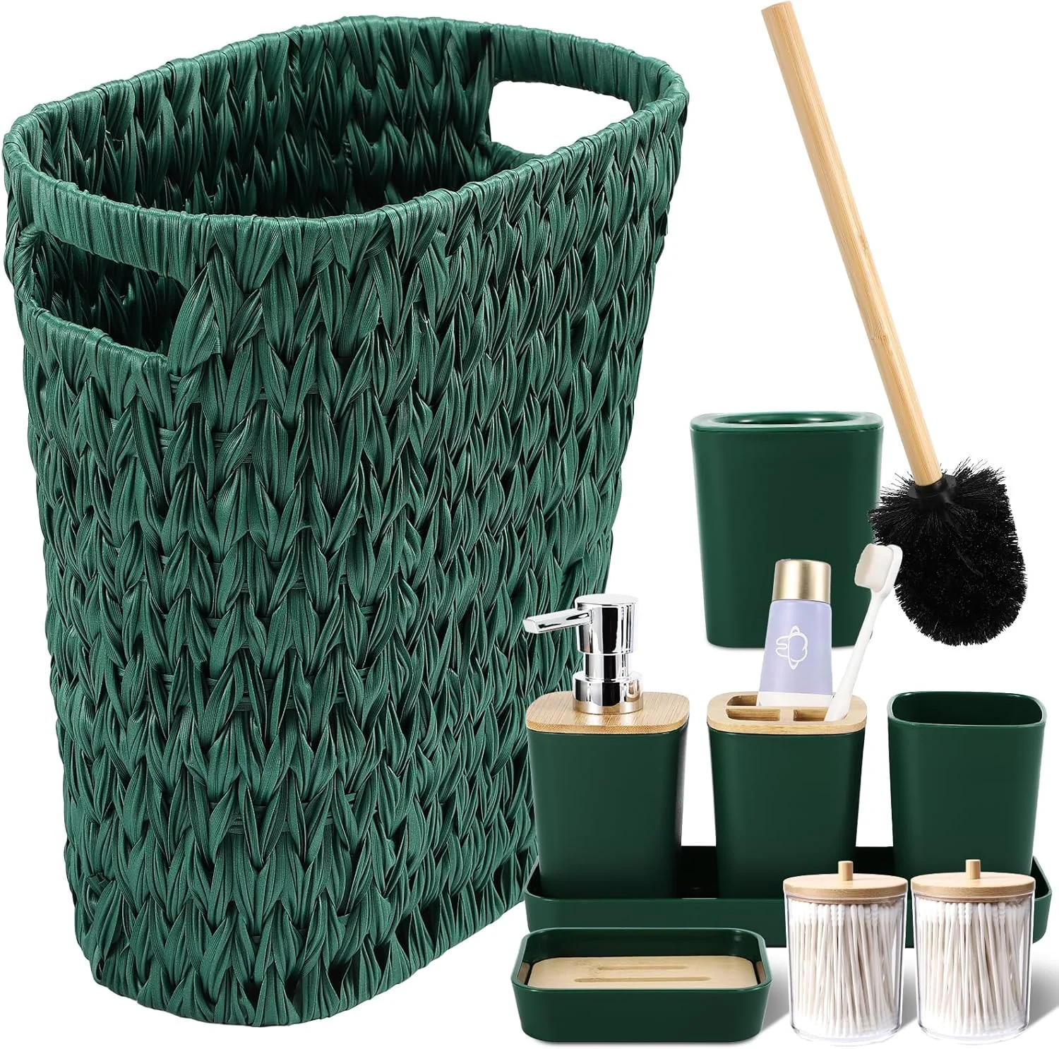 ست لوازم جانبی حمام سبز تیره با سطل زباله حصیری، ست لوازم جانبی حمام سبز تیره، ست های حمام، سطل زباله کوچک، سطل زباله حمام برای اتاق خواب و حمام