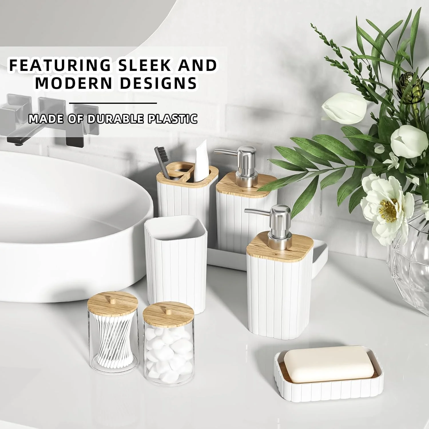 ست لوازم جانبی حمام XLHOMO - ست حمام سفید شیک، ست لوازم جانبی حمام 10 تکه، برس توالت، سطل زباله، جا پنبه ای و جا مایع دستشویی