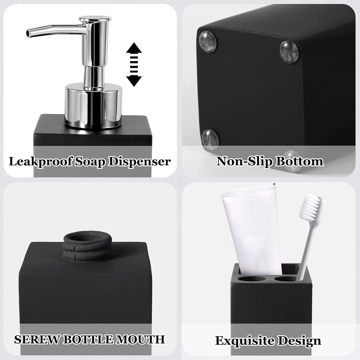 ست لوازم حمام رزینی مشکی XLHOMO، ست 5 تکه لوازم حمام مشکی با جا صابونی خود تخلیه، جا مسواکی دکور مدرن حمام منزل ست لوازم حمام رزینی مشکی XLHOMO، ست 5 تکه لوازم حمام مشکی با جا صابونی خود تخلیه، جا مسواکی دکور مدرن حمام منزل