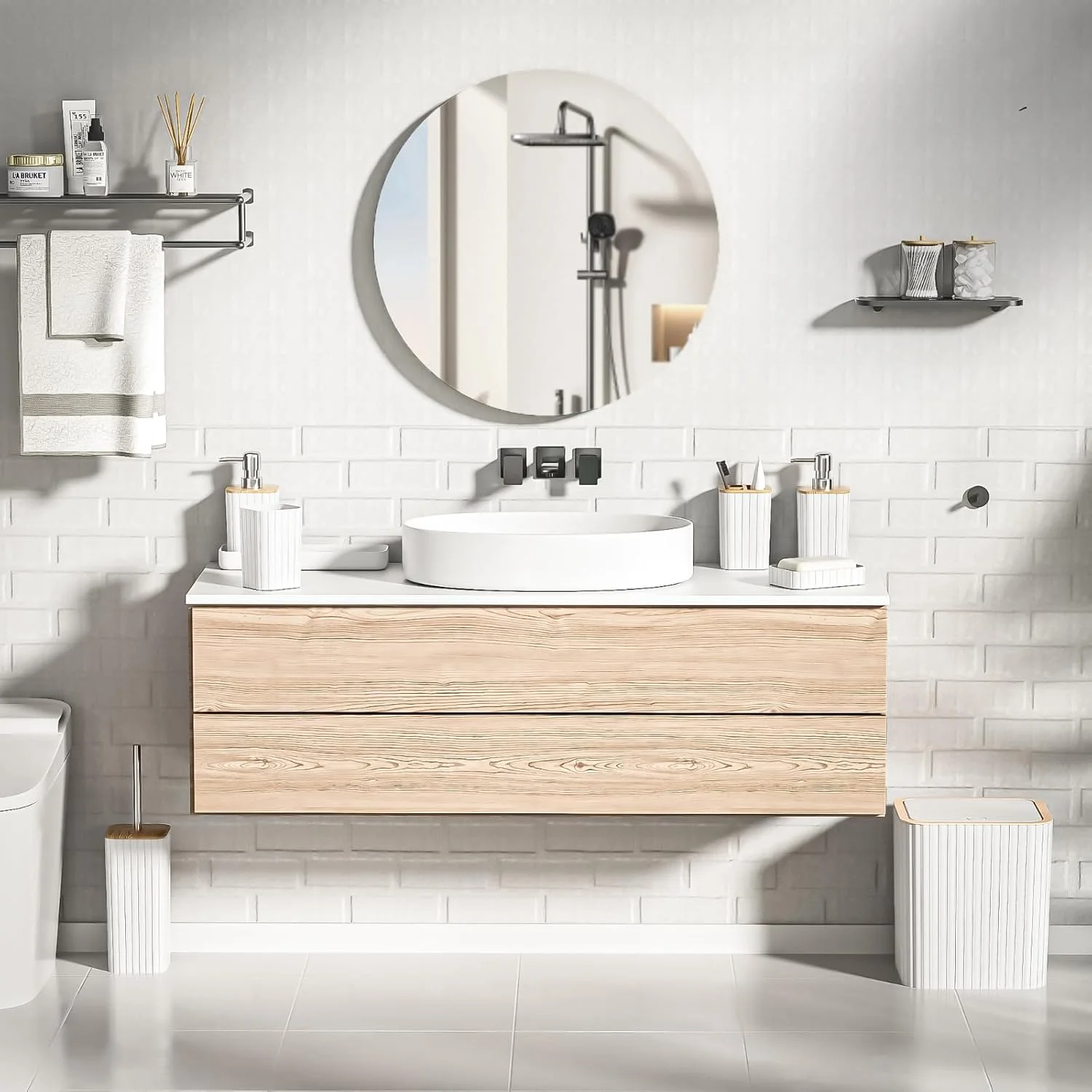 ست لوازم جانبی حمام XLHOMO - ست حمام سفید شیک، ست لوازم جانبی حمام 10 تکه، برس توالت، سطل زباله، جا پنبه ای و جا مایع دستشویی