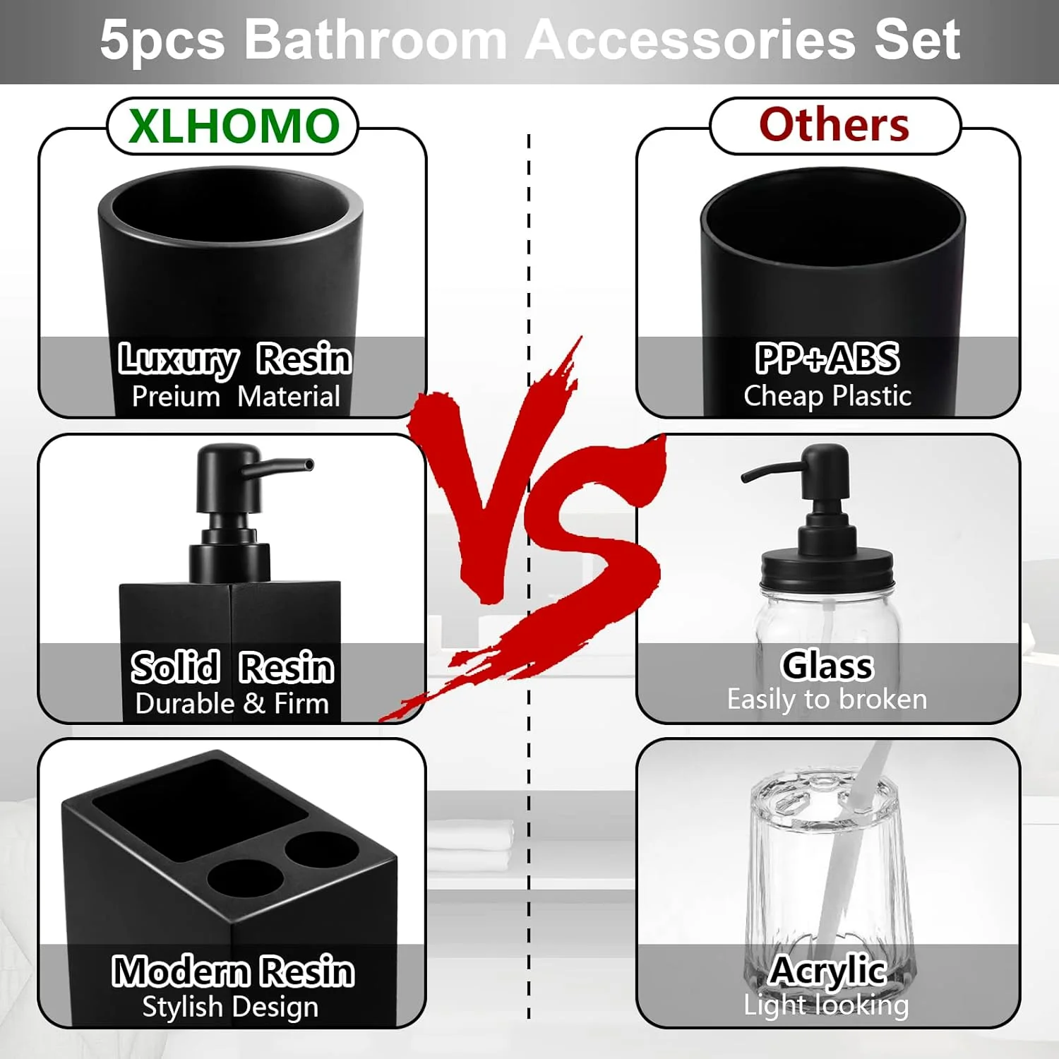 ست لوازم حمام رزینی مشکی XLHOMO، ست 5 تکه لوازم حمام مشکی با جا صابونی خود تخلیه، جا مسواکی دکور مدرن حمام منزل ست لوازم حمام رزینی مشکی XLHOMO، ست 5 تکه لوازم حمام مشکی با جا صابونی خود تخلیه، جا مسواکی دکور مدرن حمام منزل