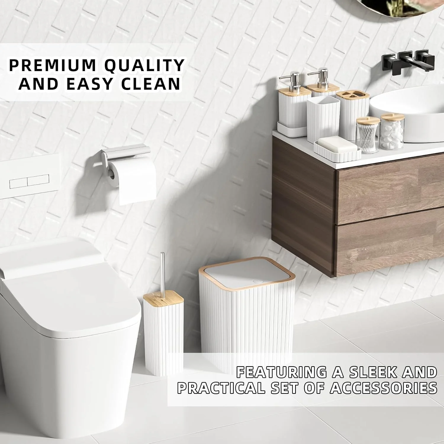 ست لوازم جانبی حمام XLHOMO - ست حمام سفید شیک، ست لوازم جانبی حمام 10 تکه، برس توالت، سطل زباله، جا پنبه ای و جا مایع دستشویی