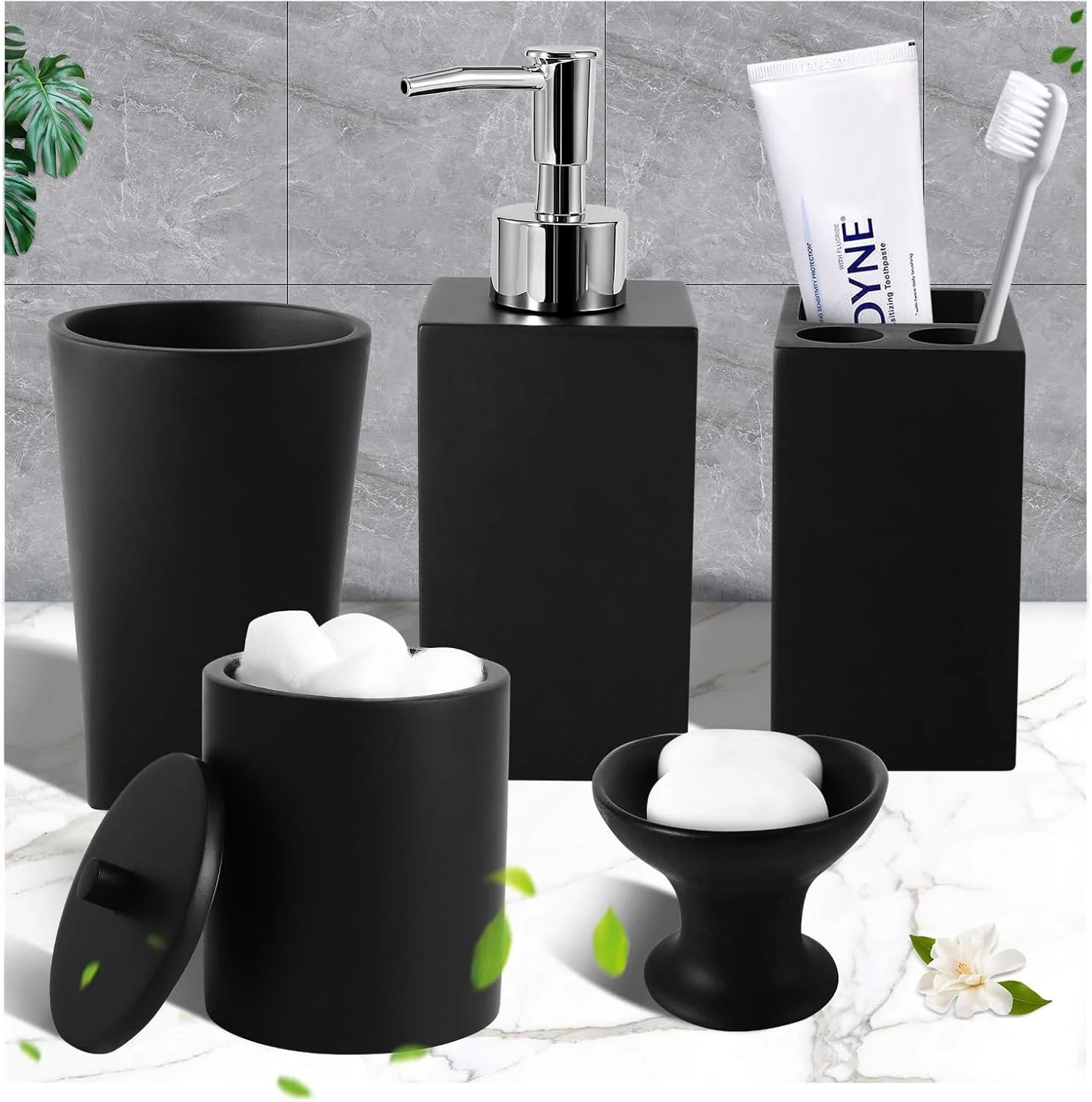 ست لوازم حمام رزینی مشکی XLHOMO، ست 5 تکه لوازم حمام مشکی با جا صابونی خود تخلیه شونده، جا مسواکی دکور مدرن حمام منزل