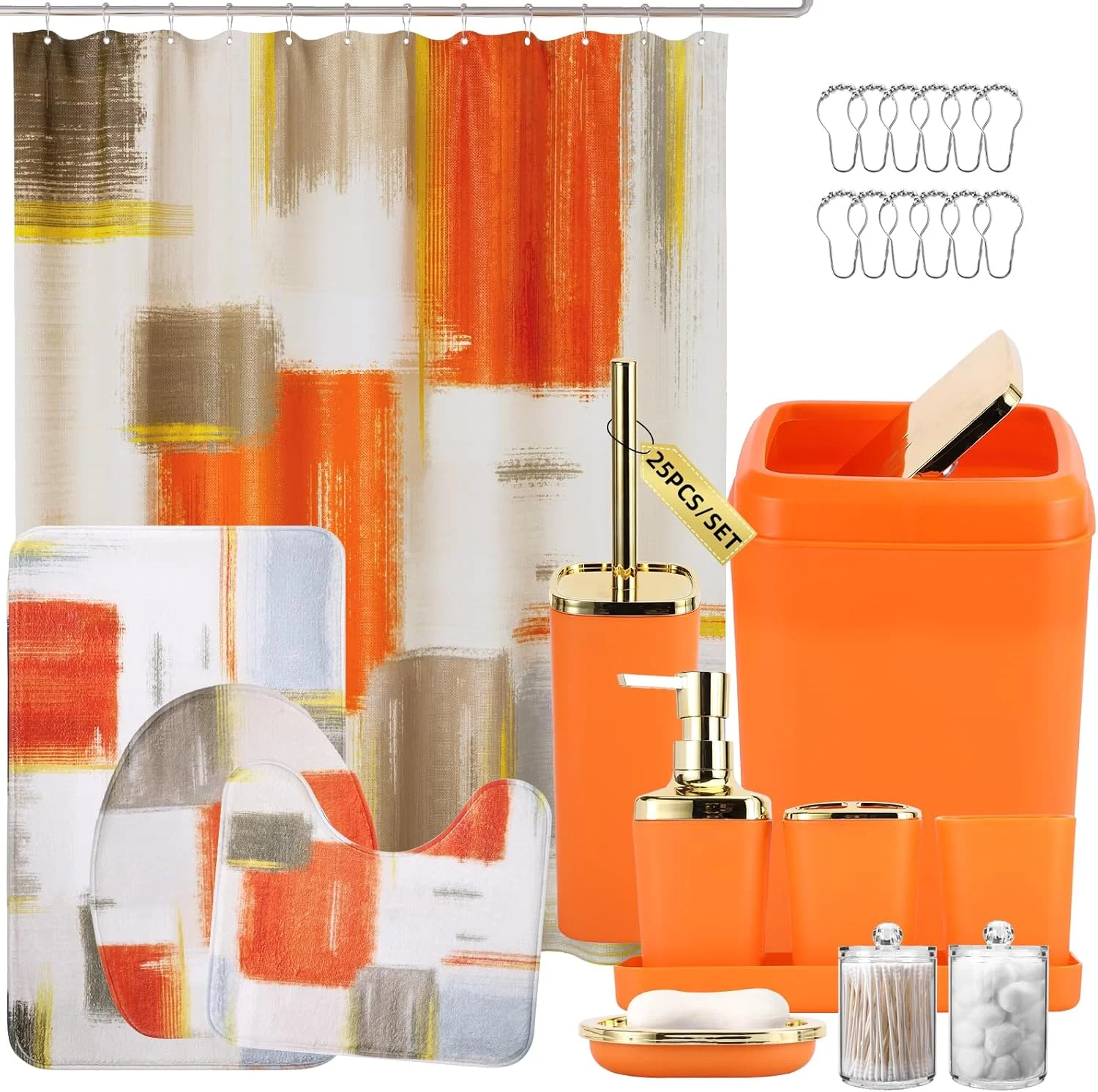 ست لوازم حمام XLHOMO - ست لوازم جانبی حمام نارنجی، ست های حمام با پرده حمام و پادری، ست پرده حمام نارنجی با سطل زباله حمام، جا مایع صابون، جا صابونی برای دکوراسیون منزل