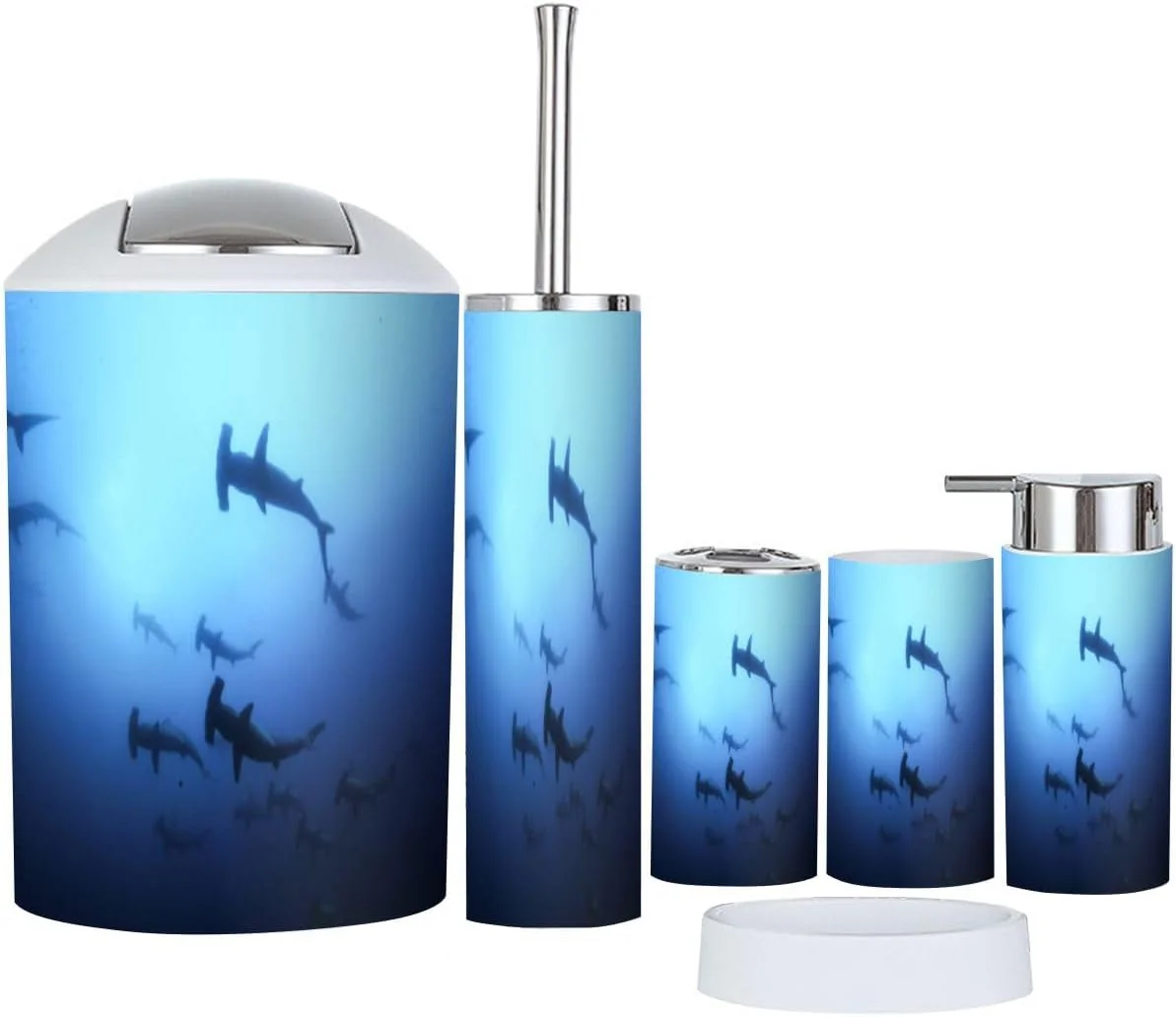 ست لوازم جانبی حمام 6 تکه طرح کوسه سرچکشی، کوسه پرستار، کوسه سفید شامل جا مسواکی، لیوان مسواک، جا مایع صابون، جا صابونی، جا برس توالت، سطل زباله، wunsKDnjyNjid-6j